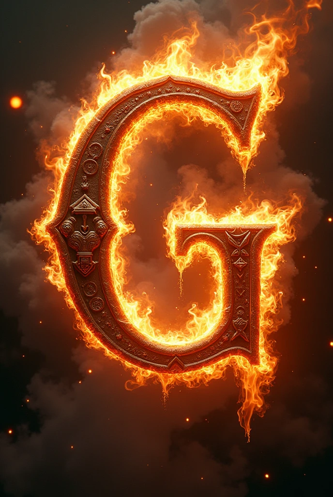 Generate a Mythicaly image in fire of letter G use mythical font