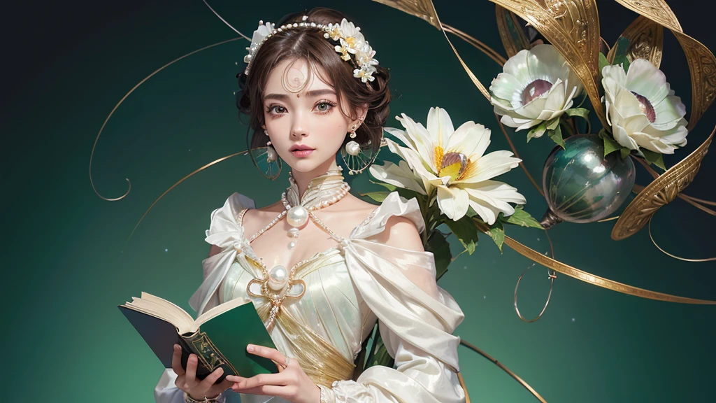 32K, 最高quality, 最高masterpiece, (ultra-Detailed Background, Detailed Background), High resolution, Super detailed, Very detailedな, 1 personの, (bouquet:1.3), (Tangled:1.2), (Geometric:1.2),(colorful),(masterpiece, quality, best quality, Official Art, Beautiful and beautiful:1.2), (1 person:1.3), Very detailed,(colorful:1.1)(Flowers:1.3),Most detailed,(Tangled:1.2), whole body, (Abstract background:1.3), (Skin glows), (Many colors:1.4), ,(Earrings Pearl:1.5), Light green background, It's imaginative., Brunette Hair, Updo, Holding a book, Holding a pen, Satin shirt,