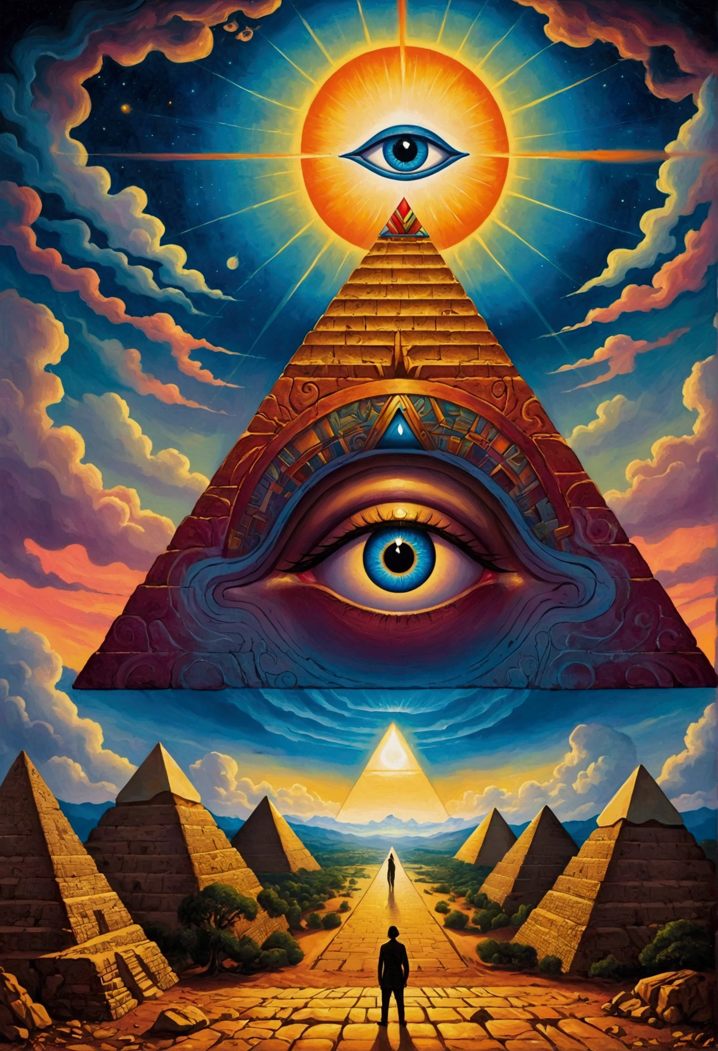 A man standing in front of a pyramid，A painting of an eye on a pyramid, Justin Gerard&#39;s Surrealism, Winner of the Behance competition, Psychedelic Art, All-Seeing Eye, All-Seeing Eye, ( All-Seeing Eye ), the Eye of Providence, Chris Dale, Eye of Providence, Mysterious Eye, Dan Mumford and Alex Grey style, Fantasy painting, The Third Eye, mystical The Third Eye