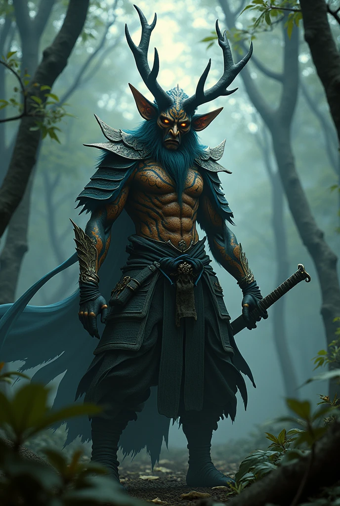 Produce highly detailed and atmospheric views of mystical woodland creatures set in a sultry jungle environment. The creature has an otherworldly appearance, with intricate body paint resembling cracking flames. The creature is a samurai god who has a scary face, holding a sharp samurai katana, with sharp corners and dense with fog, with tall trees and a moody atmosphere. and ethereal, emphasizing the creature's connection to the mystical forest.