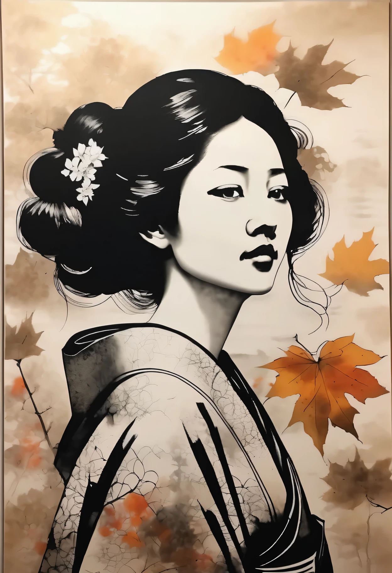 Painting of autumn sky and woman with beautiful face、(Ink drawing on old Japanese paper:1.4), ( Pale painting that bleeds easily)、Washi Canvas、(Ink painting) 、( In black and white:1.4)、Masterpiece、Highest quality、