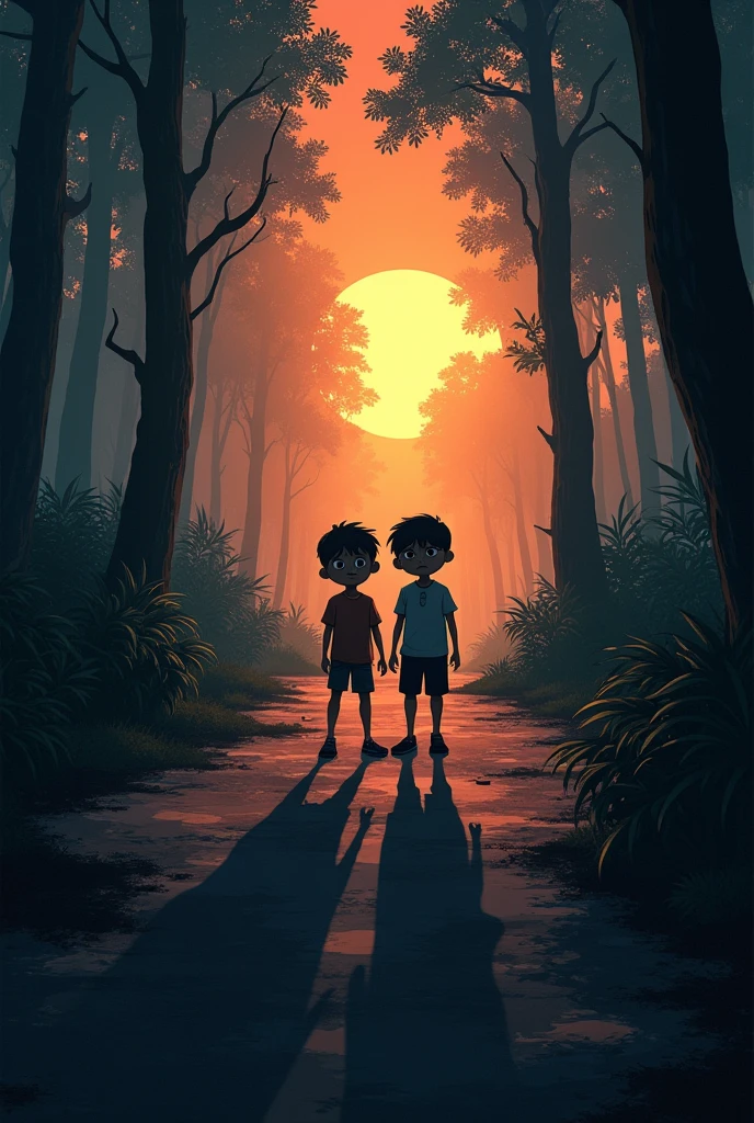 The sun is setting, casting long shadows across the forest floor. Ali and Rakesh ten years old look worried as they stand at a crossroads, unsure of which way to go, with the jungle appearing more ominous in the dim light.