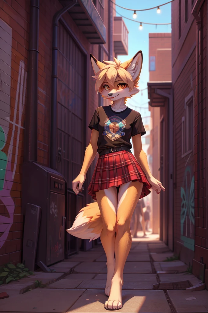 beautiful, (masterpiece), high quality, Highly detailed CG Unity 8k wallpaper, High resolution, perfect lighting, youthful, adolescent, slim, skinny, frail slender figure, plump ass, distinctly feminine figure, narrow hips, close up, Beautiful, (masterpiece), high quality, perfect lighting, Highly detailed CG Unity 8k wallpaper, High resolution, perfect lighting, youthful, slim, skinny, frail slender figure, distinctly feminine figure, narrow hips, close-up shot, huge plump breasts:
Anthropomorphic fox character, CG Unity, youthful, tall, slim, beautiful feminine figure, narrow hips, fluffy fuzzy volumetric brilliant yellow fur, wearing eclectic outfit—vintage band tee, high-waisted plaid skirt, fluffy slender thighs, sitting on the floor, legs straight out and spread apart, long legs feet towards camera, sexy upskirt angle, short choppy hair with one side shaved, playful smirk, bright amber eyes staring directly into the lens, her hands cupping her cheeks as she leans forward, tail flicking with mischievous energy, graffiti-covered alley