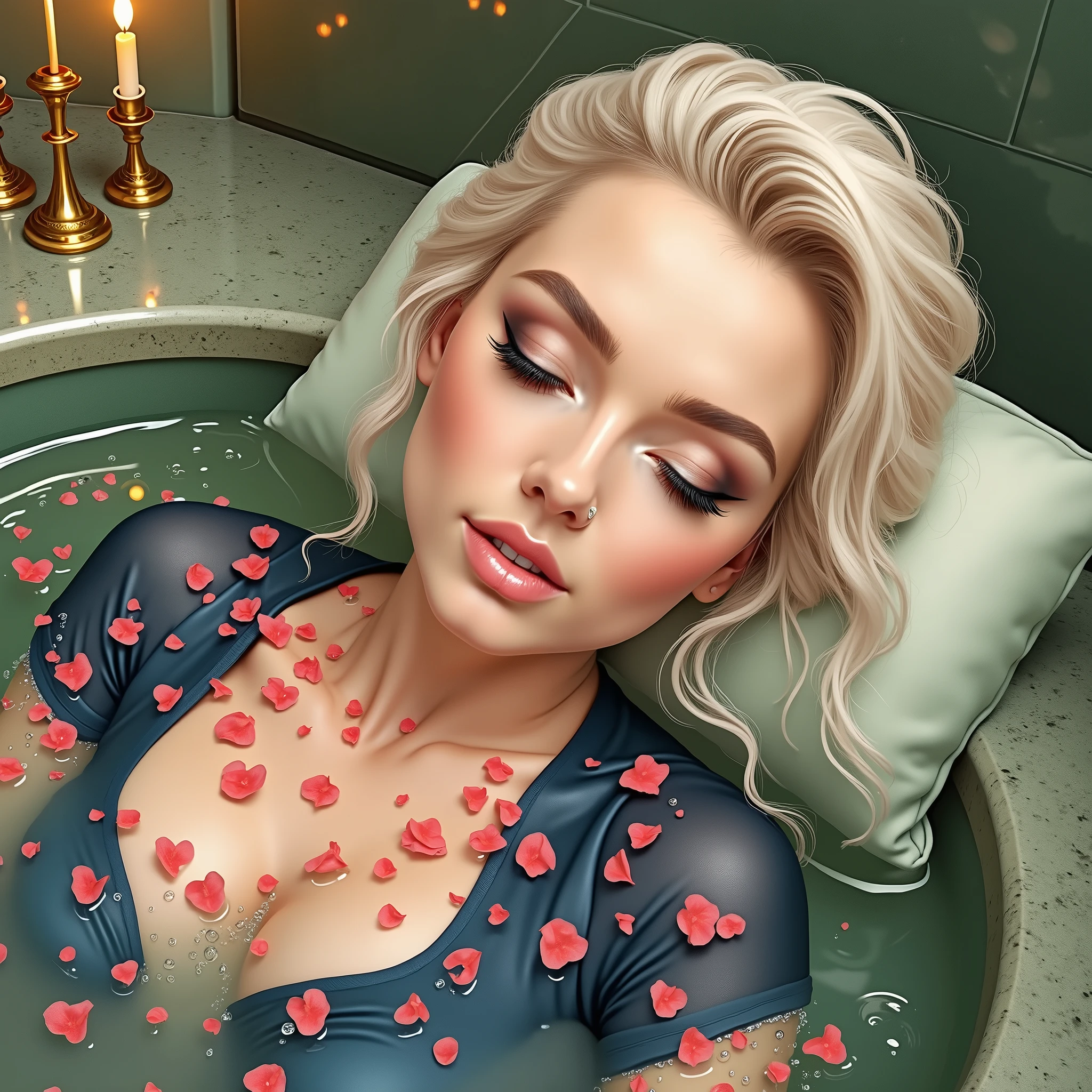 Laurence Bedard is laying in a luxurious, steamy bath with her hair elegantly styled in a loose bun