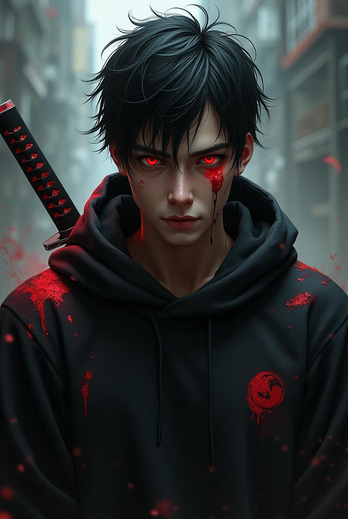 An injured male character with red eyes, black hair tossed to one side, black sweatshirt with red details, and a katana