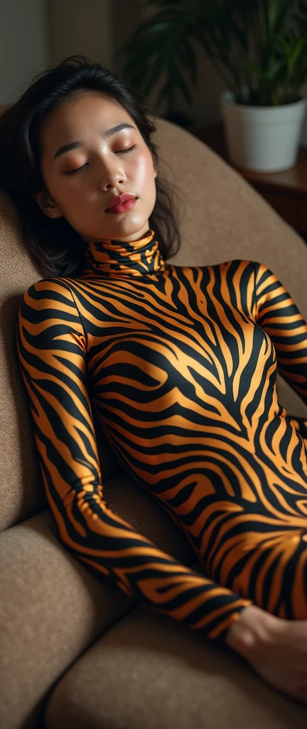 The beautiful,thin and clever asian muslimah adult girl with beautiful cheeks wears mountain zebra print lycra turtleneck unitard catsuit covered with stripes and mountain zebra print lycra elastane stretchy dancewear shawl hijab covered with stripes.She is sleeping in the zookeeper's office.She is a zookeeper.