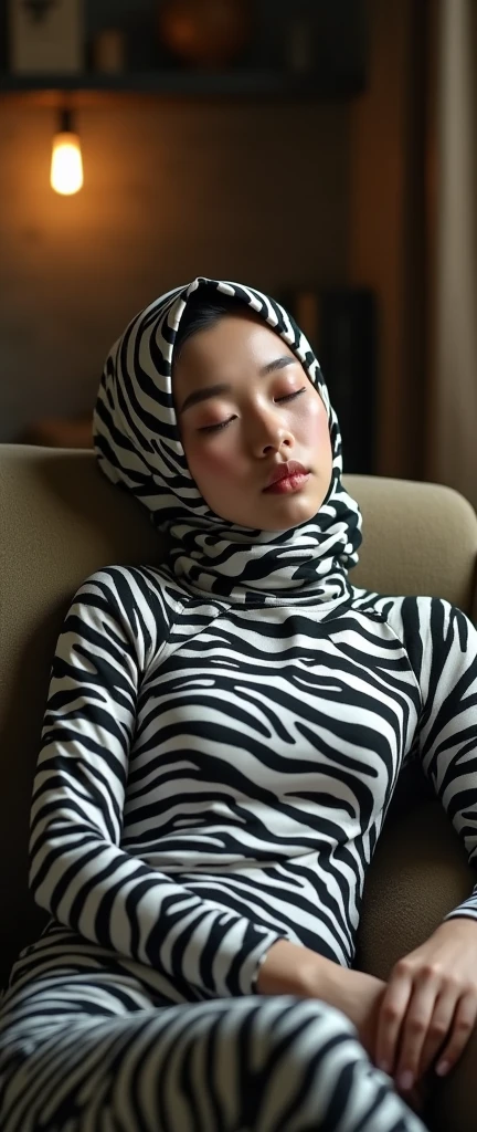 The beautiful,thin and clever asian muslimah adult girl with beautiful cheeks wears mountain zebra print lycra turtleneck unitard catsuit covered with stripes and mountain zebra print lycra elastane stretchy dancewear shawl hijab covered with stripes.She is sleeping in the zookeeper's office.She is a zookeeper.