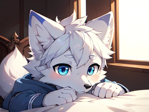 (Best image quality),(masterpiece),(((The only person))),(Very detailed),(Male Arctic fox:1.5), (White skin:1.3), hairy，(White fur:1.3),((Blue pupils)) ,(Blue ears),(hairy 动物 耳朵s)，(Wearing a sweatshirt)，Sitting on the bed，In the bedroom，Natural Lighting，Complex background,Delicate face，Facial details，character focus，Detailed clothes，Upper Body，Depth of Field，Perfect lighting，Be focused，Character Close-up