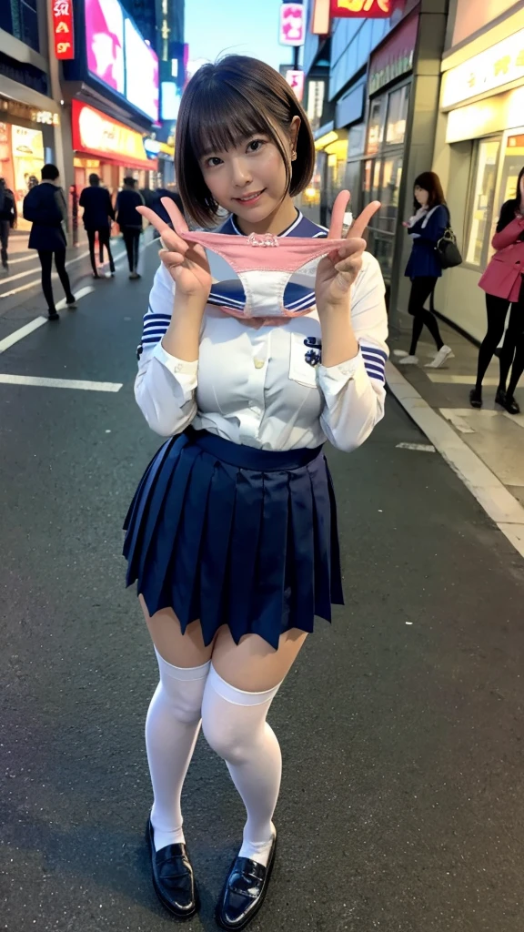 Highest quality, masterpiece, Ultra-high resolution, (reality: 1.4), Original photo, 1 female, mature, smile, short hair, Plump body, , Cinema Lighting, Exact finger count、Exact number of legs、(Exact number of arms:1.0, Exact number of hands:1.0), (Perfect hands, Perfect Anatomy), Cinematic, reality的, Extremely detailed CG, night lighting, Perfect lighting, Best Shadow, The best natural light, smile, Big Breasts,Chest pocket,((Woman showing off her panties:1.3)), (school uniform, Sailor suit, Knee-high socks, loafers, Navy pleated mini skirt:1.3), (Sexy and cute panties), (Stylish shiny satin panties:1.2), Side tie panties, Lace panties:1, Feeling embarrassed, (blush:1.2), (Embarrassed expression:1.4), (On the streets of the entertainment district at night:1.3), Angle from the front