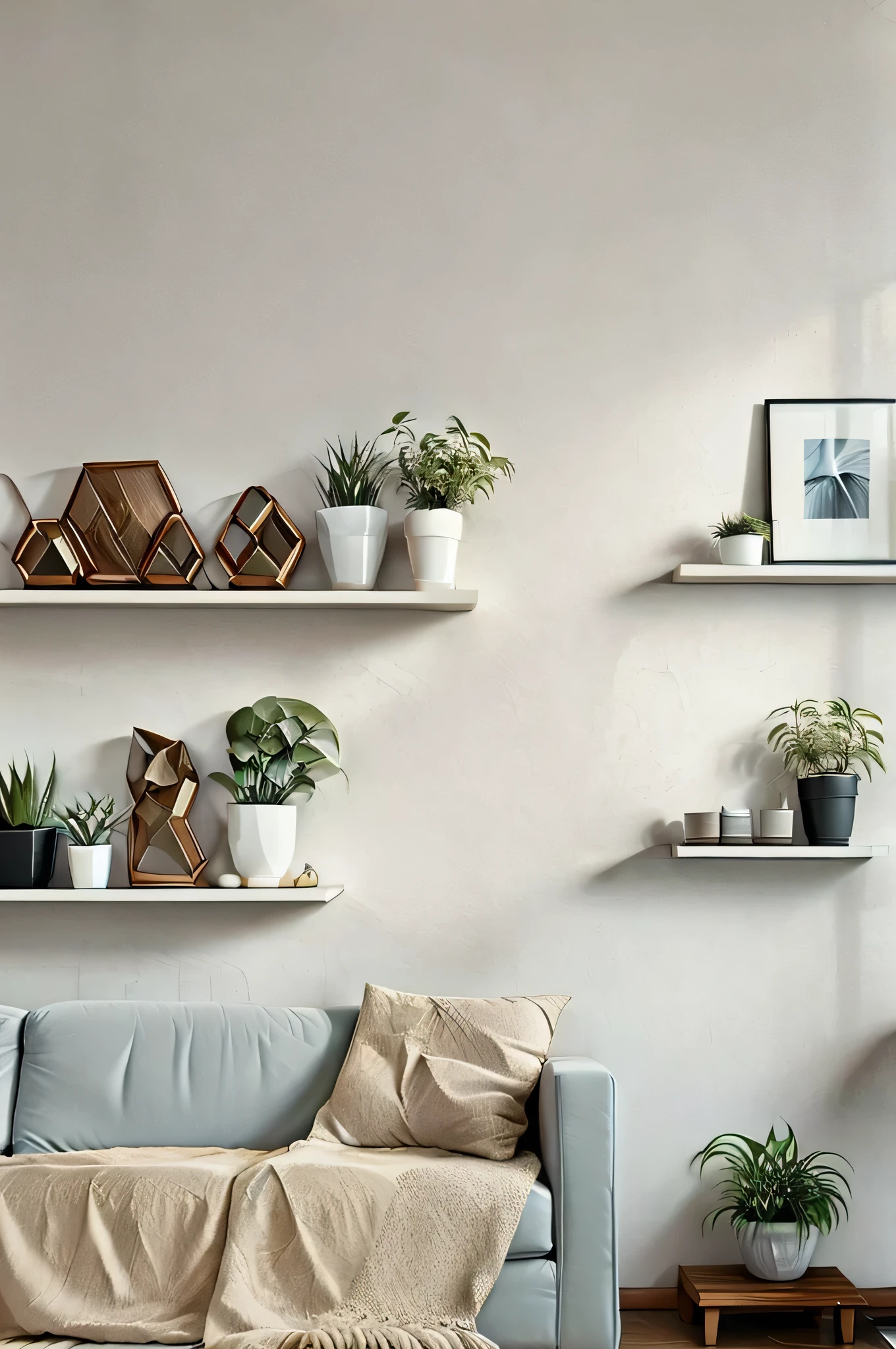 "Generate an image of a minimalist, aesthetic wall decor scene in a cozy living room. The wall features simple, elegant artwork in soft, neutral tones, with a few framed prints and a small shelf displaying potted plants. The lighting is warm and natural, enhancing the cozy atmosphere. The design is modern yet inviting, perfect for a serene and stylish home."