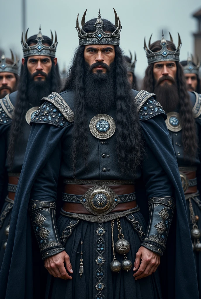 Tall, thin Vikings, long black hair, blue eyes, no beard, strong chin, black clothes with blue details, wearing a silver crown with precious stones.