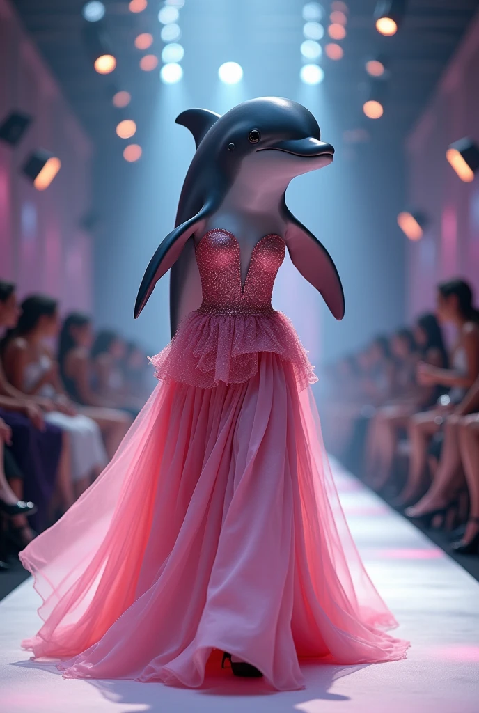 A beautiful dolphin wearing pink maxi cloth walking down the runaway at a fashion show, 