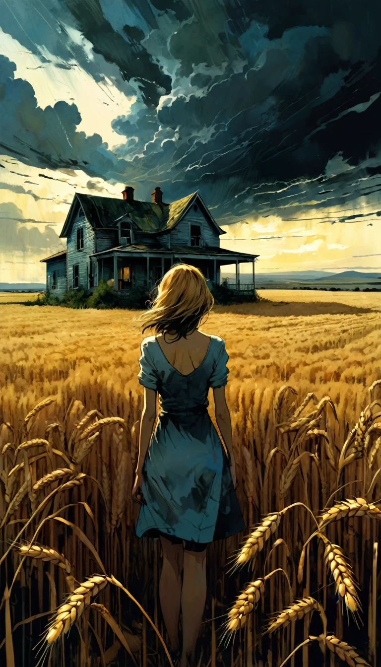 a wheat field, dark clouds, an abandoned house, a sexy woman standing in the middle of the scene in the distance,a art inspired by Bill Sienkiewicz and Dave McKean

