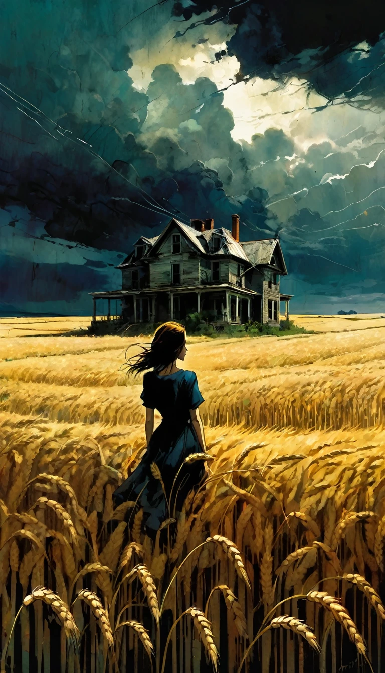 a wheat field, dark clouds, an abandoned house, a sexy woman standing in the middle of the scene in the distance,a art inspired by Bill Sienkiewicz and Dave McKean