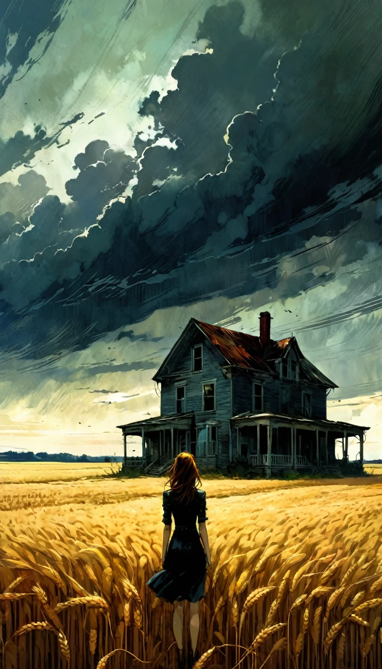 a wheat field, dark clouds, an abandoned house, a sexy woman standing in the middle of the scene in the distance,a art inspired by Bill Sienkiewicz and Dave McKean
