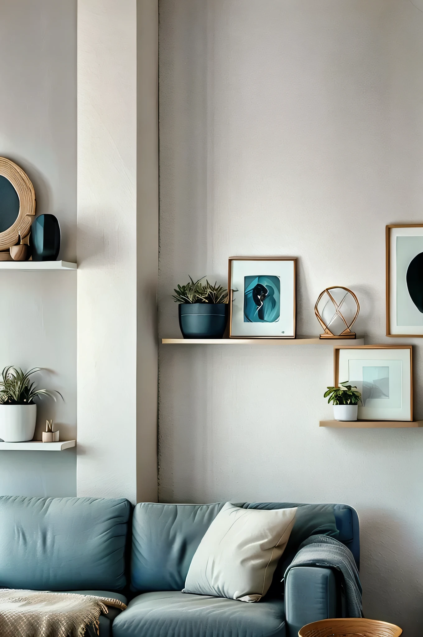 "Generate an image of a minimalist, aesthetic wall decor scene in a cozy living room. The wall features simple, elegant artwork in soft, neutral tones, with a few framed prints and a small shelf displaying potted plants. The lighting is warm and natural, enhancing the cozy atmosphere. The design is modern yet inviting, perfect for a serene and stylish home."