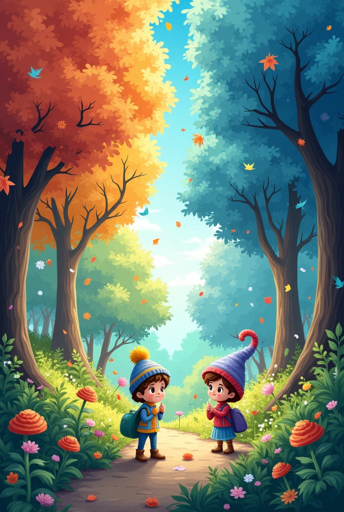 The background could blend elements of all four seasons, showing the forest as a magical place that changes beautifully throughout the year.in cartoons characters ..also write 
Seasons name 