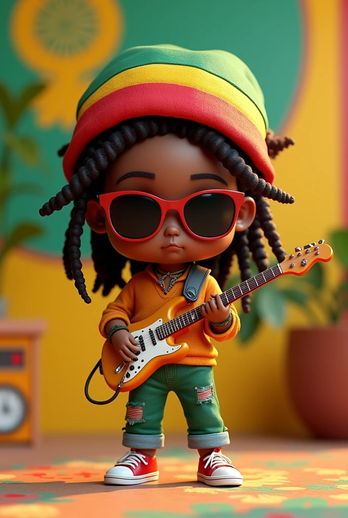 a close-up of a cartoon character wearing sunglasses and a pair of sneakers, 3d characters, arte raggae, 3d character, 3d character, 3d character art, Cartoon art style, rastafarian, 3d cartoon, 3d character render, 3d stylized, High detail iconic character, playing guitar, Um Anime Nendoroid de Snoop Dogg