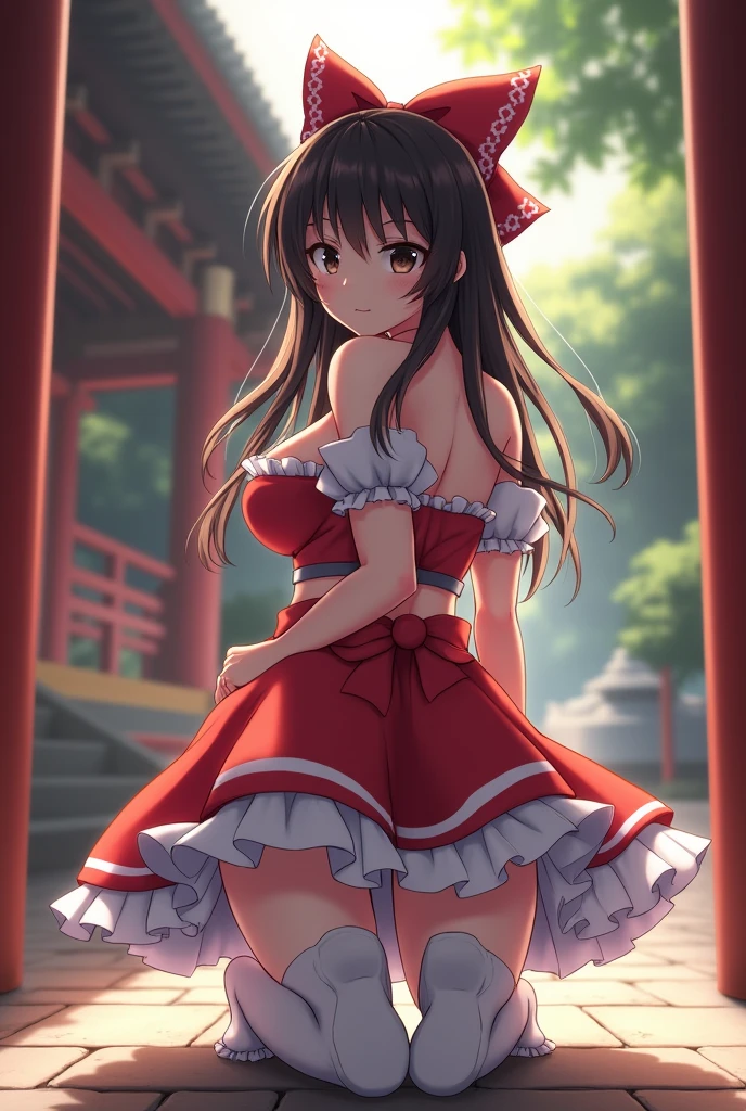 (Reimu Hakurei)(Anime)(Big Breasts)(Big Ass)(White Stockings)(Shrine maiden)(On all fours)(Beautiful legs)(From directly behind)(White pants)