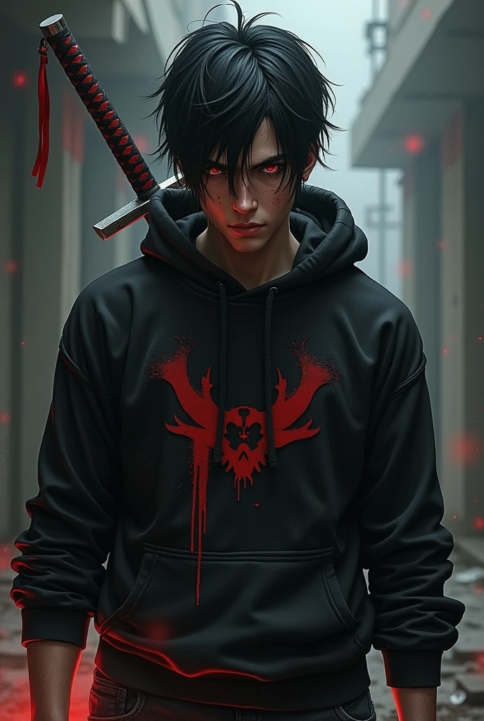 An injured male character with red eyes, black hair tossed to one side, black sweatshirt with red details, and a katana 
