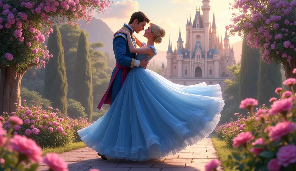 Dancing with the Prince, Cinderella Blue , flower garden, castle background
