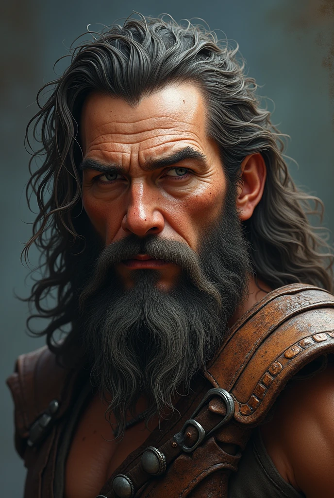 a close up of a man with a long beard and a leather vest, jason momoa as assyrian, jonathan winterhart, raphael lecoste, antony starr, grizzled beard, as a medieval fantasy character, long goatee beard, tartakovsky, alexandros pyromallis, marc silvestri, inspired by János Saxon-Szász