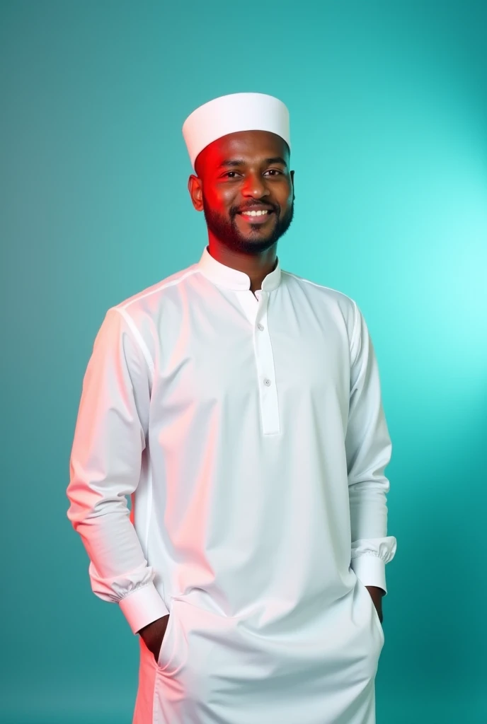 A young man with A white round cap on the head and a confident white punjabi.
He is dressed in a over a white shitt.
The man is positioned against aqua colour backitop
with a subtle red lighting on the left side.
and he posing for Linkedln profile
