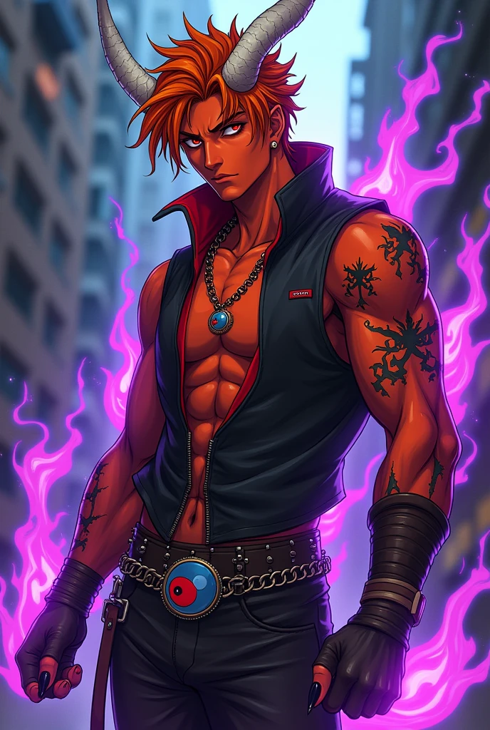 Sexy male demon age 20, orange skin,glowing red eyes, black sclera, deep and cute eyes, black vest, vest is red into, arms on violet flames, cyberpunk japanese style, belt with a blue and red ying yang, chains around the belt, slim athletic, magic powers, action, crazy comic look, smile, leather brown boots with metal pins, black cat nails, jojo's pose, orange hair, white long hornes, hollow horns