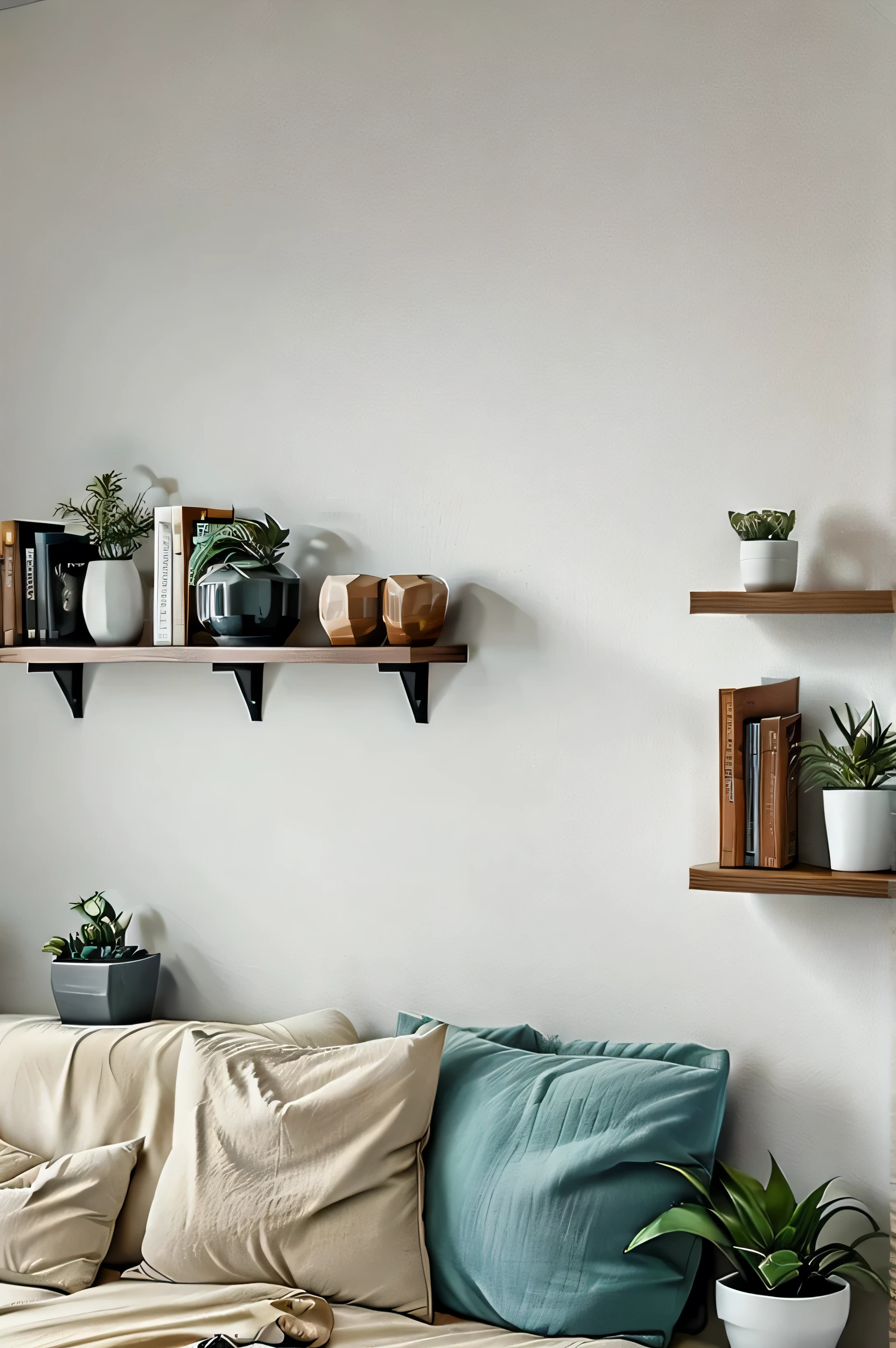 "Generate an image of a minimalist, aesthetic wall decor scene in a cozy living room. The wall features simple, elegant artwork in soft, neutral tones, with a few framed prints and a small shelf displaying potted plants. The lighting is warm and natural, enhancing the cozy atmosphere. The design is modern yet inviting, perfect for a serene and stylish home."