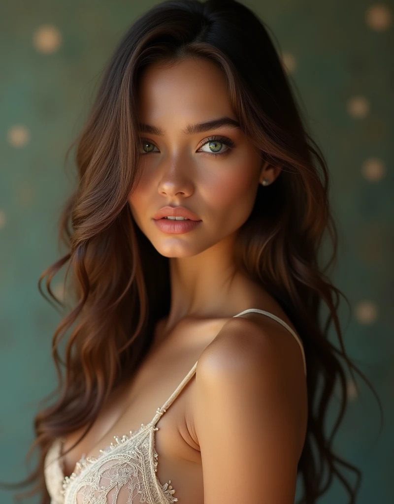 She is 2, with natural beauty and perfectly balanced features. Her skin is soft and luminous, highlighting her harmonious curves. Her long, silky hair, a deep brown with subtle highlights, falls elegantly over her shoulders. Her eyes, a piercing emerald green, captivate with their depth and mystery. She has a slender and athletic figure, with a slim waist and delicately defined hips. Her style is elegant and sensual, preferring outfits in silk and lace that suggest rather than reveal, subtly emphasizing her natural assets.