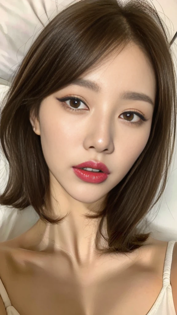 ((best quality, 8k, masterpiece :1.3)), sharp focus :1.2, (((Korean woman))). ((big bust:1,4)), very detailed face, very detailed lips, detailed eyes, double eyelid, A face with makeup on. bright red lipstick. ((short messy brown hair)), ((on the bed)), ((hotel room)), tired, sleepy eyes, Woke up from sleep