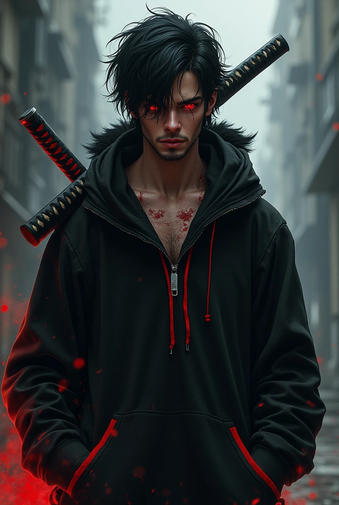 An injured male character with red eyes, black hair tossed to one side, black sweatshirt with red details, and a katana