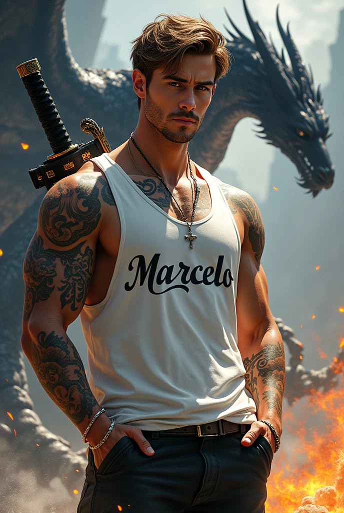 Handsome young man with both hands in his pants pocket, light brown with defined brown hair wearing a white American tank top with tattoos all over his body , with the name Marcelo on the chest , with a magical black legendary katana on his back , a black magic dragon at his rear , and a burst of water magic and flames around
