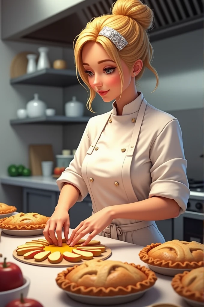 A woman with honey-colored hair tied up with a silver clip and wearing a pastry chef&#39;s uniform making apple pies 