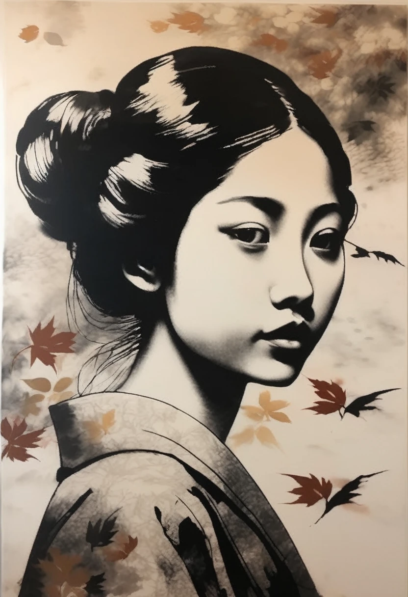 A small painting of an autumn sky and a girl with a beautiful face、(Ink drawing on old Japanese paper:1.4), ( Pale painting that bleeds easily)、Washi Canvas、(Ink painting) 、( In black and white:1.8)、Masterpiece、Highest quality、