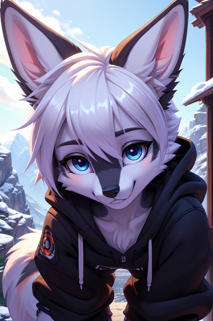 A beautiful, (masterpiece), high quality, perfect lighting, highly detailed CG Unity 8k wallpaper, high resolution, perfect lighting, youthful, adolescent, slim, skinny, slender curvy figure, distinctly feminine figure, narrow hips, close-up shot, detailed face, Anthropomorphic husky character, CG Unity, youthful, tall, slim, beautiful feminine figure, narrow hips, fluffy fuzzy volumetric black and white fur, dressed in an edgy ensemble of a cropped hoodie, distressed denim shorts, knee-high socks, high-top sneakers, hair in two messy buns, interacting on camera’s level, piercing blue eyes full of curiosity, hands resting on her knees, playful grin as she winks at the viewer, snowy mountains in the background, energetic