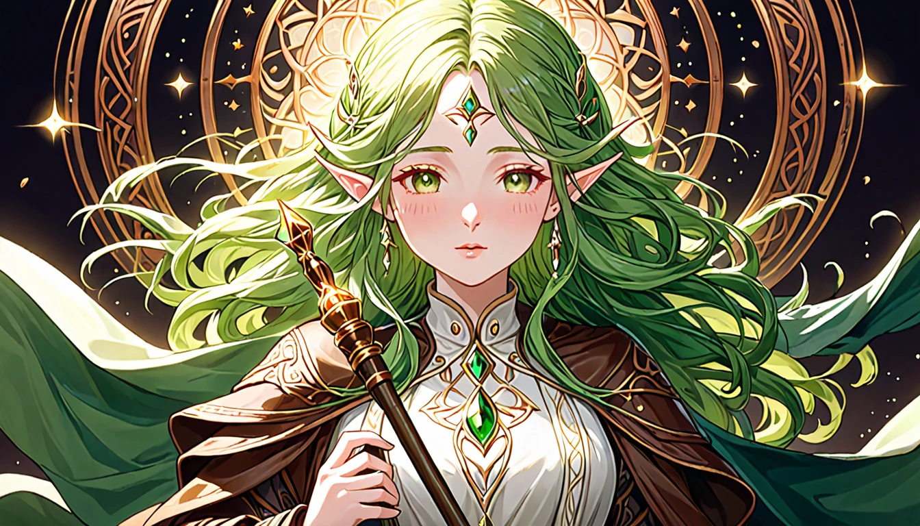 "A hyper-detailed, 8k ultra-realistic portrait of a young, beautiful elf priestess, with long green wavy hair and a gentle, expressionless face. She has skin as white as pearl, and a single lock of chestnut-red hair frames her face. Her meticulously detailed eyes are closed in prayer. She wears a long, flowing white silk cape that flutters gently in the wind, over dark green and brown cloth robes adorned with intricate patterns. Leather boots peek out from beneath her robes. She is holding a staff with a glowing crystal at the top, emanating the spirit of the wind.