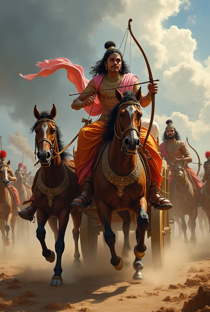 Sri Krishna with Arjuna in Mahabharata battle on horse ride with having bow with serious to get succeed quotation in Telugu 