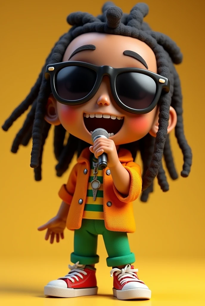 a close-up of a cartoon character wearing sunglasses and a pair of sneakers, 3d characters, arte raggae, 3d character, 3d character, 3d character art, Cartoon art style, rastafarian, 3d cartoon, 3d character render, 3d stylized, High detail iconic character, singing, Um Anime Nendoroid de Snoop Dogg. -1