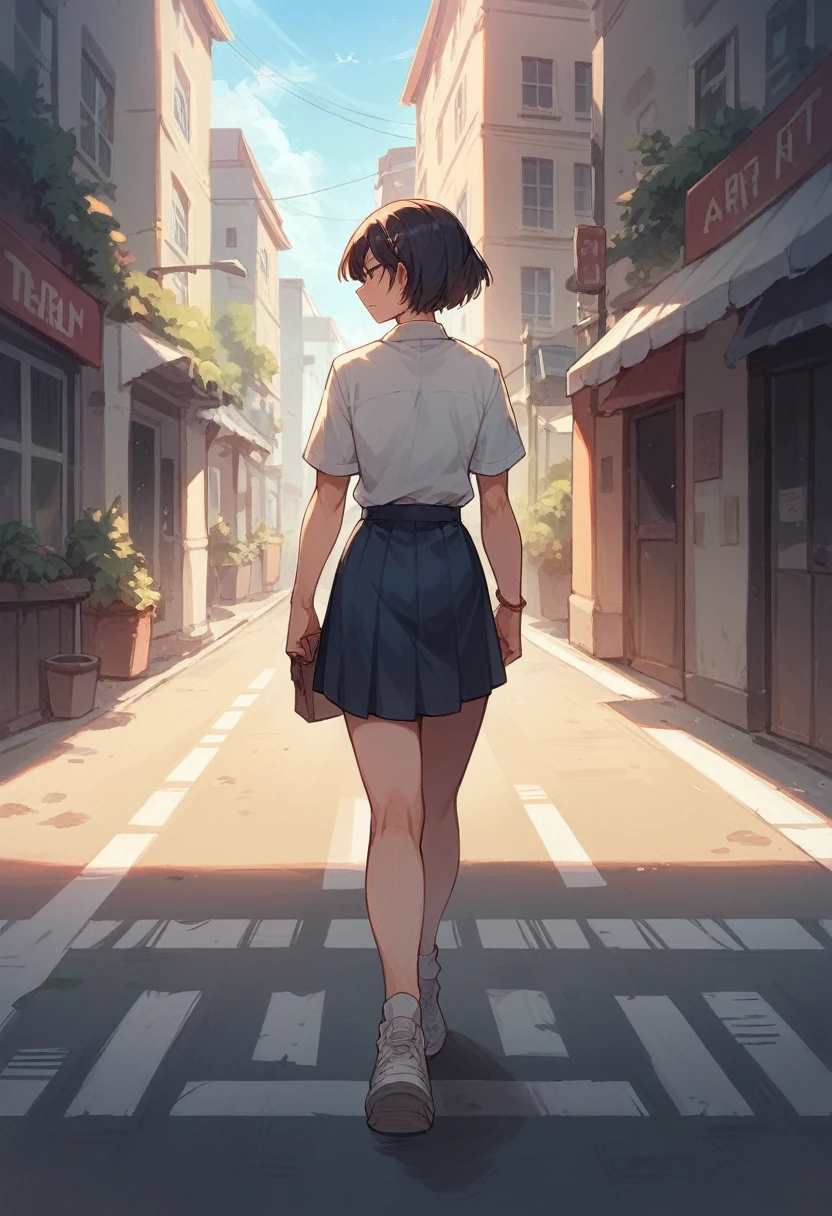 A girl walking in a street with ultra mini skirt