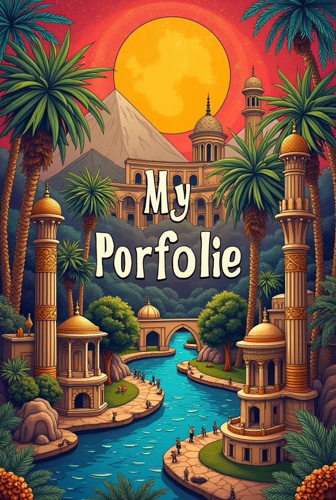 Make a a3 size good quality and with ealistic visuals cover page with title "My Portfolio" (write right spellings) with a collage of picture including a little zentangle art, Egyptian art, roman architecture, greek architecture and make it colorfull, show just cover not any background, Add title My Portfolio in middle of page and bold letters add some zentangle art in this pic in some areas of it, add zentangle art mandala art and roman architecture as well use same picture with additions of zentangle art, add islamic architecture, roman architecture, Egyptian art and architecture, zentangle art, mandala art