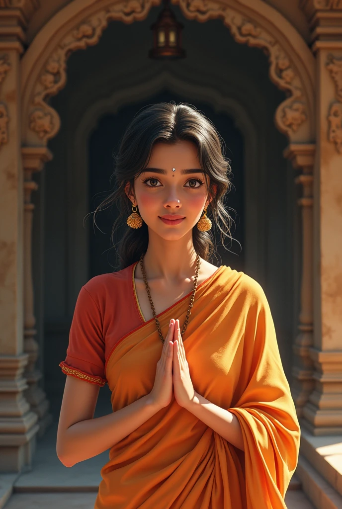 Illustrate Aastha inside the temple, a young woman in her late twenties with a warm smile and soft eyes filled with love and concern. She is dressed in a simple, traditional Indian saree, her hands folded in a gentle plea. Her expression shows a mix of affection for Veer and a serene commitment to her faith, creating a contrast with Veer's impatience