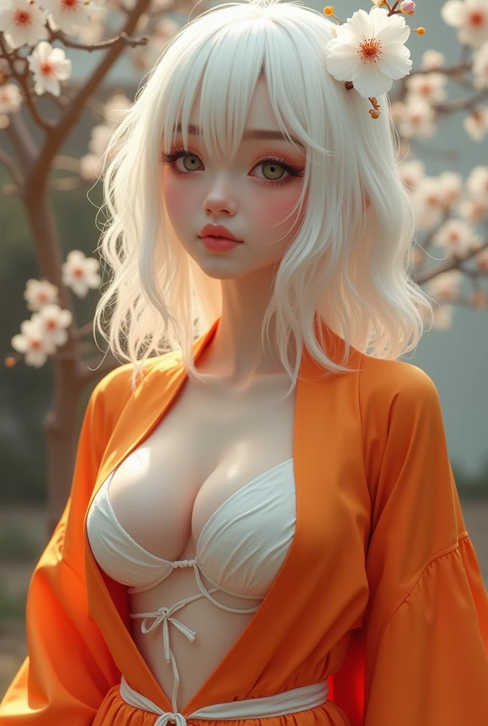 Draw a beautiful albino white sakura having sexy very much larger and wider rose like layered wet pink pussy ( vagina ) , pushing the skirt up, wearing a phoenix orange tunic torn from center, sexy, perfect tits, perfect face, dressed up modernly, instagram, 16:9 size, highly detailed face, perfect face, ultra white skin, highly textured realistic, visible perfect small waist
