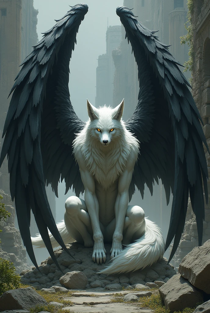 The white fox beastman sits on a stone against the background of a ruined city with a drooping face, he has big black wings on his back, a black arch flies over his head