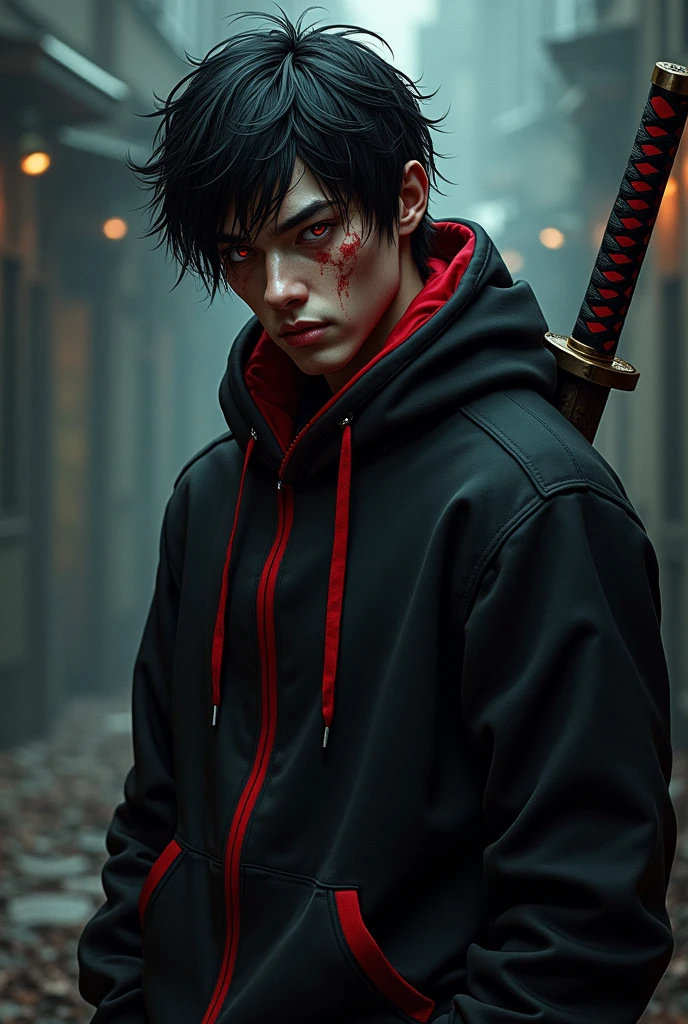 An injured male character with red eyes, black hair tossed to one side, black sweatshirt with red details, and a katana