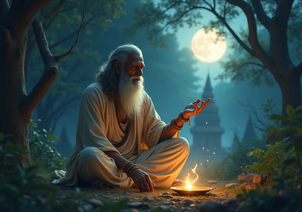 "An ancient Indian sage (Rishi Bhrigu) in traditional ascetic attire performing a sacred ritual on Aja Ekadashi night in a mystical forest. The scene is illuminated by a divine light emanating from a glowing moon. Surrounding the sage are subtle, ethereal shadows and faint spirits, adding an element of mystery. The atmosphere is serene yet suspenseful, with ancient Indian temple ruins partially visible in the background."