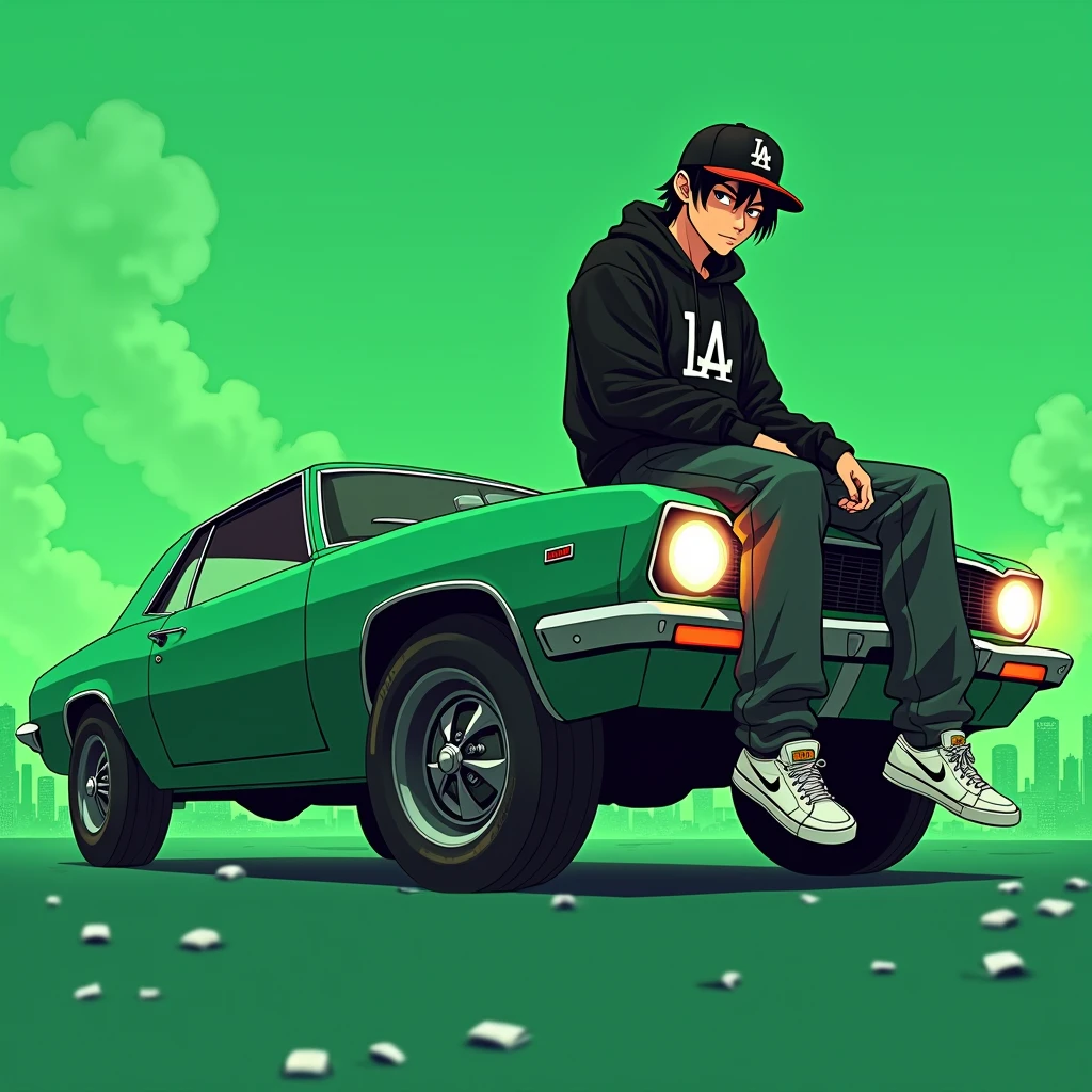 Image of a man sitting on the bonnet of a car, Yoshihiko Wada&#39;s album cover, winner of the behance contest, Doodle, official artwork, rap album cover, hip - hop album art cover, colored album art, hip hop music album cover, rap album cover art, official fanart, GTA Cover, hip hop album cover, album art cover, Cartoon character, oriental boy, Running car, Green background, green tea, Deep pressed black LA ball cap, white nike shoes, Black LA Hoodie, Baggy jeans worn down, black neighborhood, Skull, drug, The city seen from behind,  korean, white smoke, Headlight light, Troublemakers, Bad boy, dye