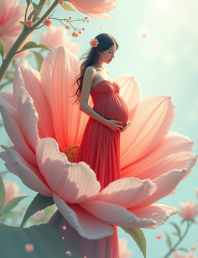 pregnant woman in red dress standing in a large flower, digital art inspired by Igor Kieryluk, trending on cg society, digital art, maternal photography 4 k, perky woman made of petals, pregnant belly, stunning elegant pose, flower goddess, lady with glowing flowers red dress, maternity feeling, red dressed in a flower dress, photo manipulation, beautiful and graceful, pregnant, leaf flowing in air