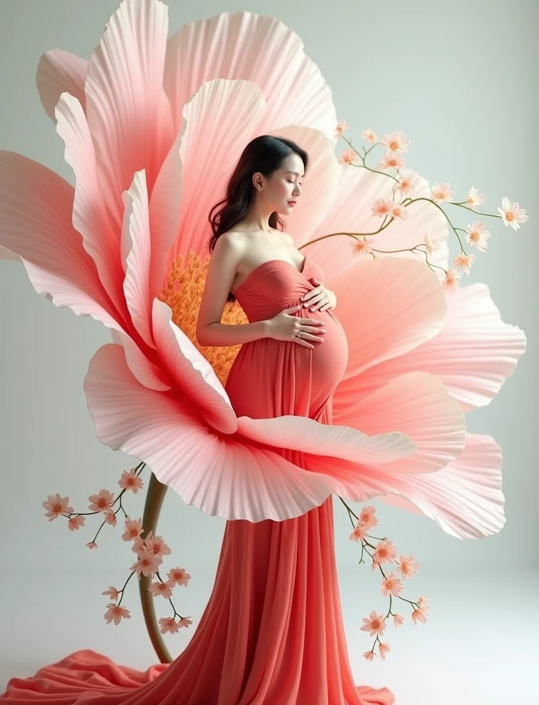 pregnant woman in red dress standing in a large flower, digital art inspired by Igor Kieryluk, trending on cg society, digital art, maternal photography 4 k, perky woman made of petals, pregnant belly, stunning elegant pose, flower goddess, lady with glowing flowers red dress, maternity feeling, red dressed in a flower dress, photo manipulation, beautiful and graceful, pregnant, leaf flowing in air