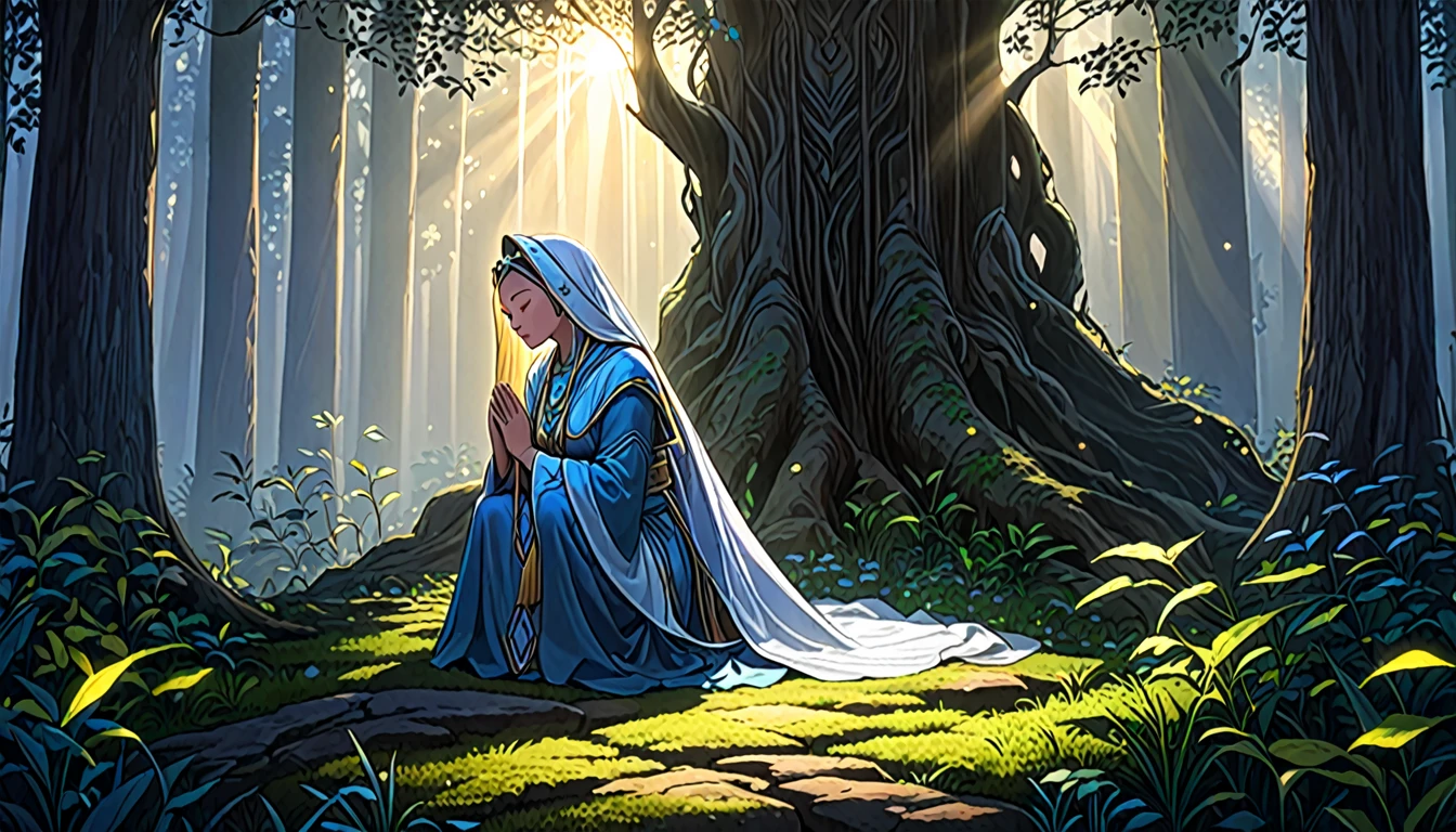 An ancient priestess kneeling in prayer in a dimly lit, sacred forest at dawn, with the first light of morning filtering through the ancient trees. close eyes, She has a serene yet determined expression, symbolizing her resolve to break free from the shadows of the past. The forest is shrouded in mystical mist, with shadows receding as the divine light breaks through, unveiling hidden truths. Around her, the remnants of a forgotten, mythical world are fading away, represented by ethereal, fading symbols of ancient magic. The background features towering stone pillars and a narrow path leading forward, symbolizing her journey towards a new era of wisdom and enlightenment. The atmosphere is filled with a sense of liberation and empowerment, with soft, sacred light enhancing her prayerful stance and the emotional transition from darkness to spiritual awakening.(best quality, 4k, 8k, highres, masterpiece:1.2), ultra-detailed